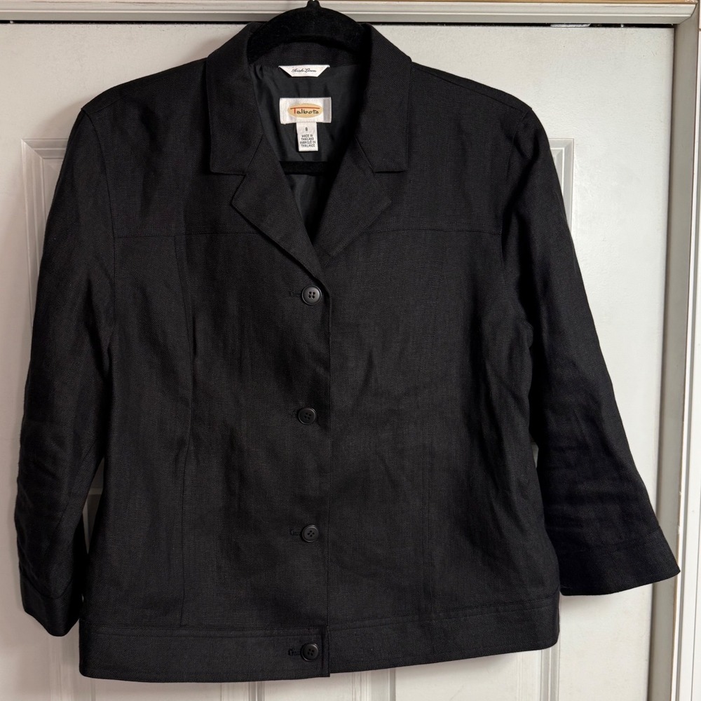 Talbots Womens Black 100% Irish Linen Button Up Blazer Jacket Size 8 Lined